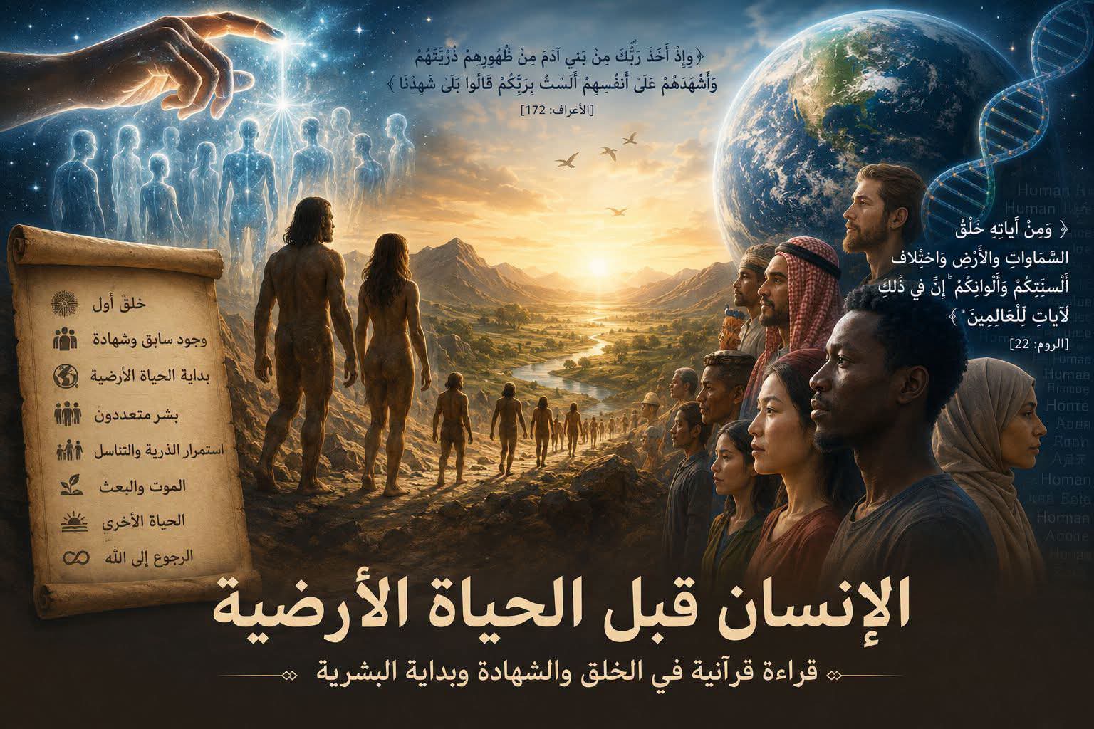 لوحة تصويرية لبداية الإنسان: مشهد الشهادة، وتنوّع البشر في الألوان والألسنة، مع آيتي الأعراف والروم